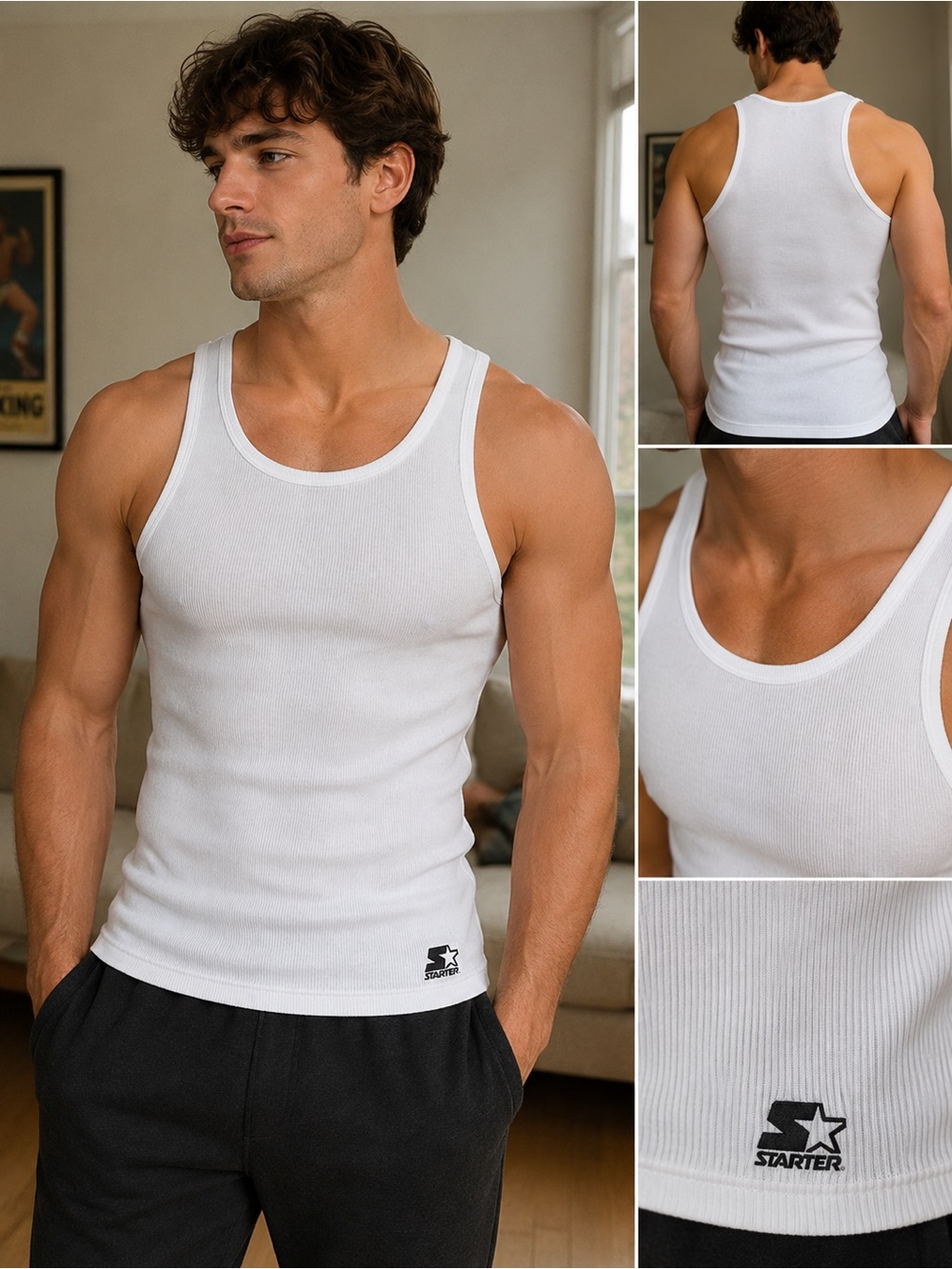 STARTER White Ribbed Tank Top Athletic Undershirt